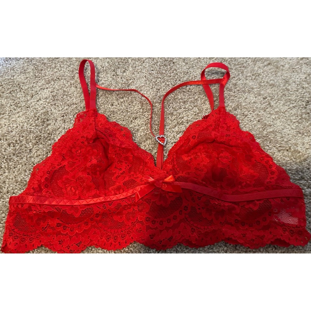 Red Lace Bralette Heart Charm Bow Detail Adjustable Straps XL‎